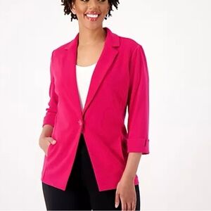 Susan Graver Plus LK Fusion 3/4 Sleeve Cutaway Hem Blazer Passion Pink 4X